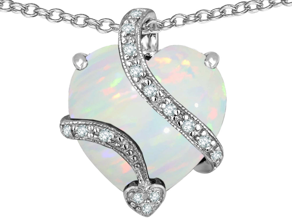 Star K Large 15mm Heart Shape White Created Opal and Cubic Zirconia Love Pendant Necklace