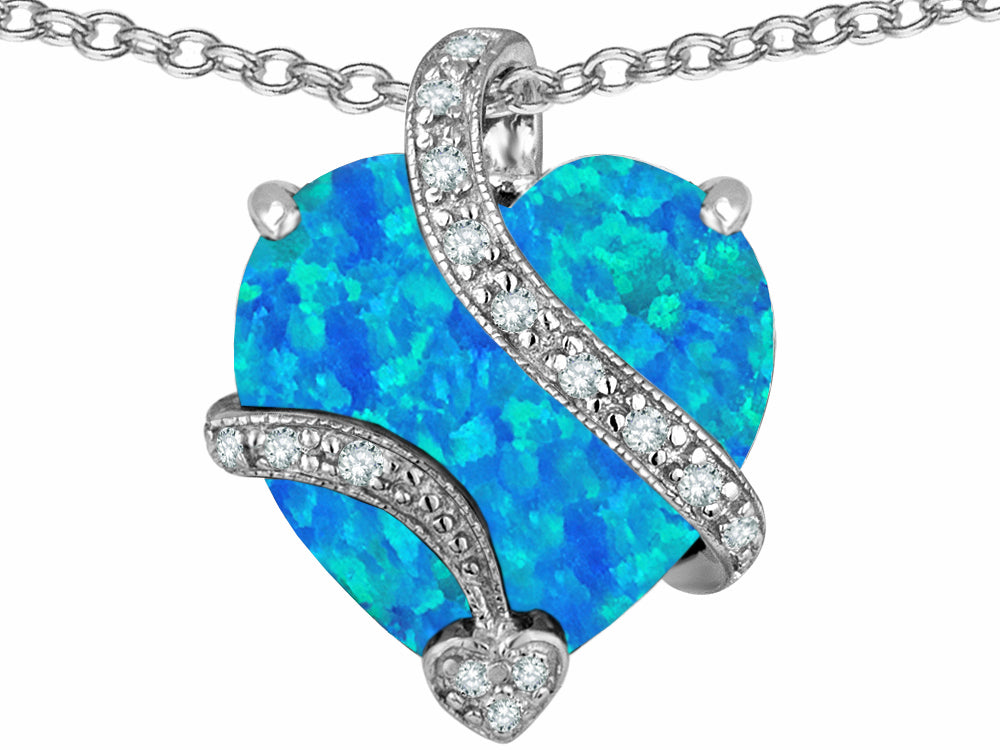 Star K Large 15mm Heart Shape Blue Created Opal and Cubic Zirconia Love Pendant Necklace
