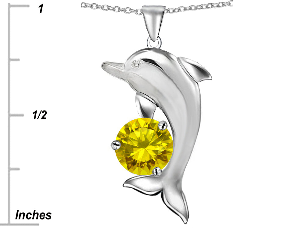 Star K Round 7mm Simulated Citrine Good Luck Dolphin Pendant Necklace