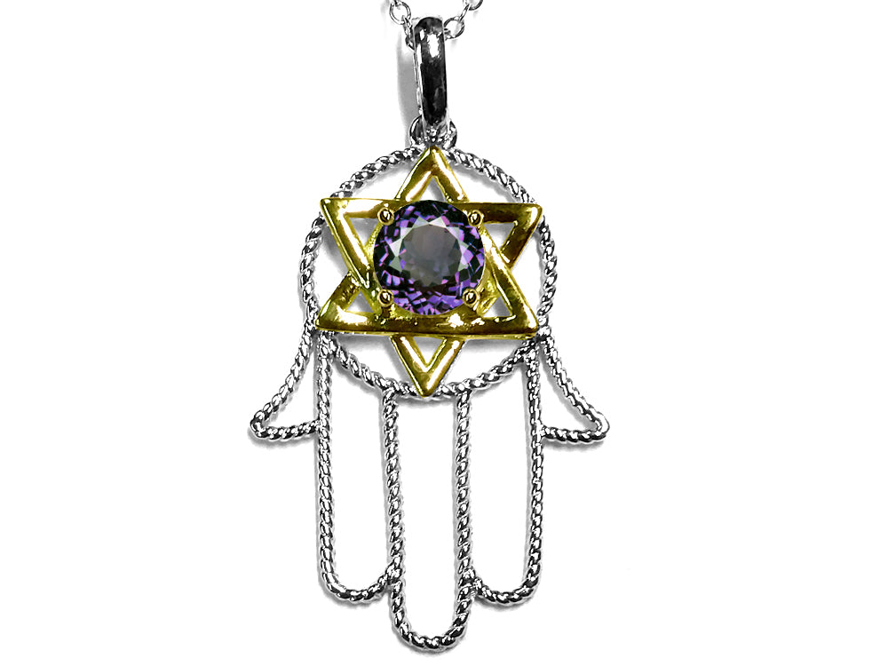 Star K Large Hamsa Hand Jewish Star of David Pendant Necklace with Simulated Alexandrite