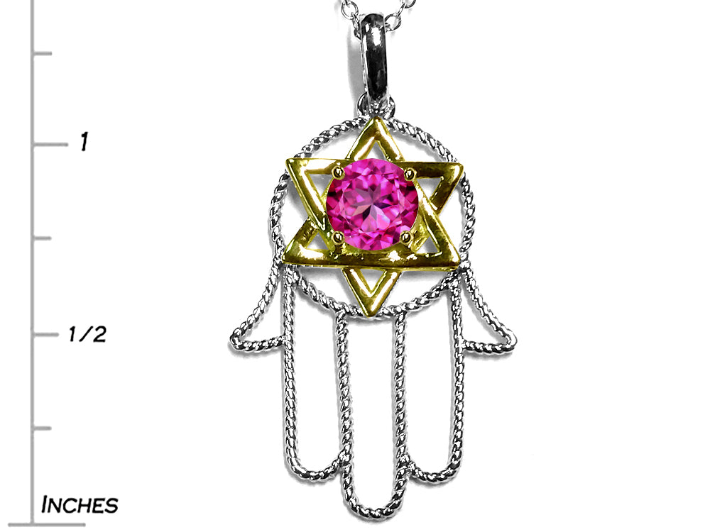 Star K Large Hamsa Hand Jewish Star of David Pendant Necklace with Created Pink Sapphire