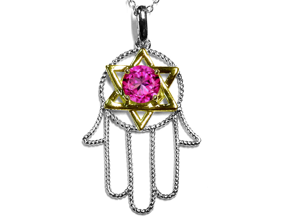 Star K Large Hamsa Hand Jewish Star of David Pendant Necklace with Created Pink Sapphire