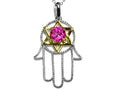 Star K Large Hamsa Hand Jewish Star of David Pendant Necklace with Created Pink Sapphire