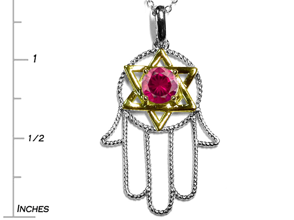 Star K Large Hamsa Hand Jewish Star of David Pendant Necklace with Created Ruby
