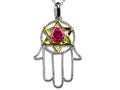 Star K Large Hamsa Hand Jewish Star of David Pendant Necklace with Created Ruby