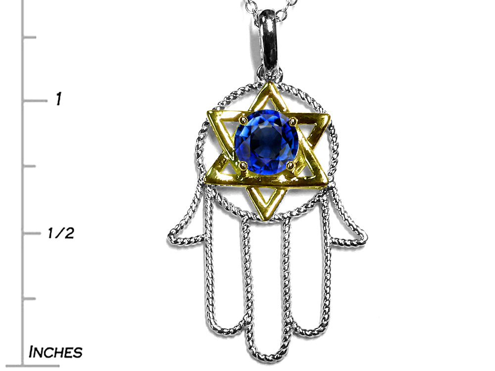 Star K Large Hamsa Hand Jewish Star of David Pendant Necklace with Created Sapphire