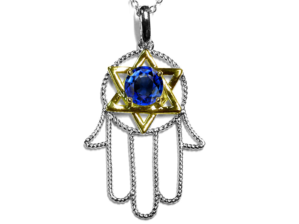 Star K Large Hamsa Hand Jewish Star of David Pendant Necklace with Created Sapphire