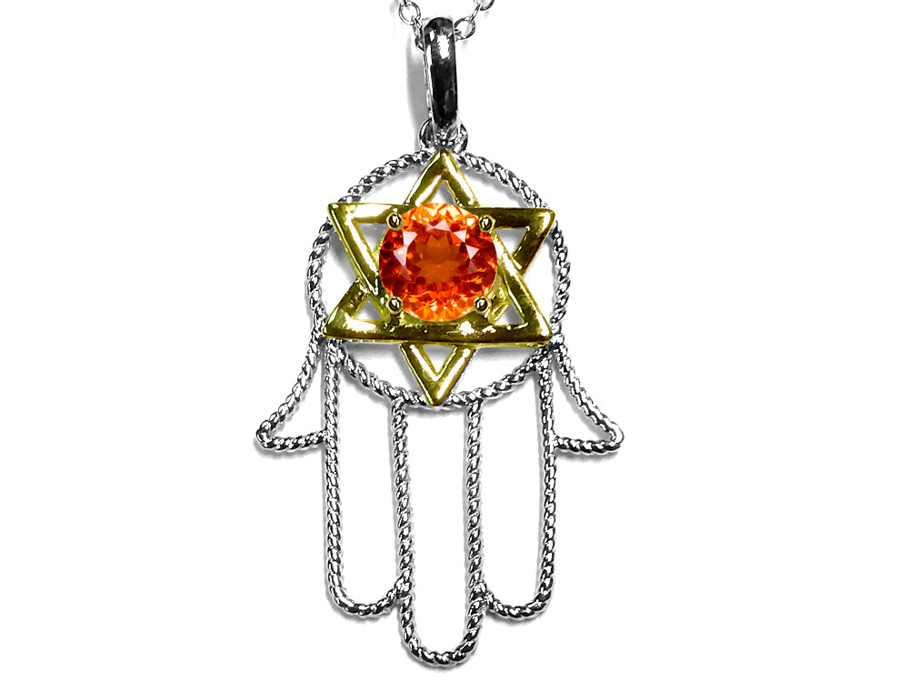 Star K Hamsa Hand Star of David Pendant Necklace with Simulated Mexican Fire Opal