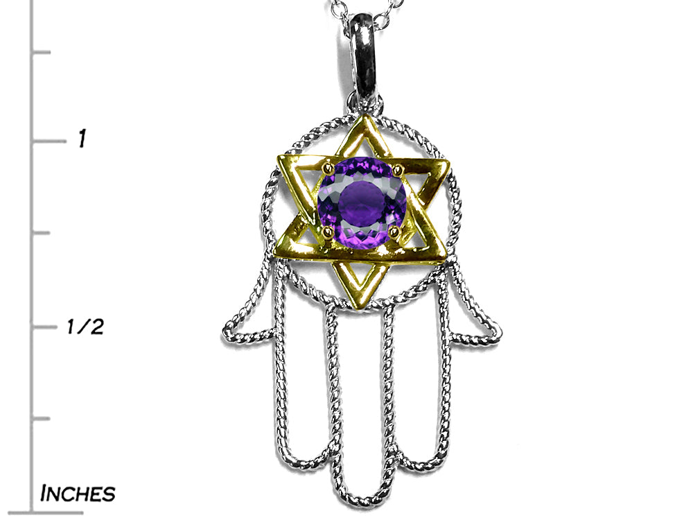 Star K Large Hamsa Hand Jewish Star of David Pendant Necklace with Genuine Amethyst