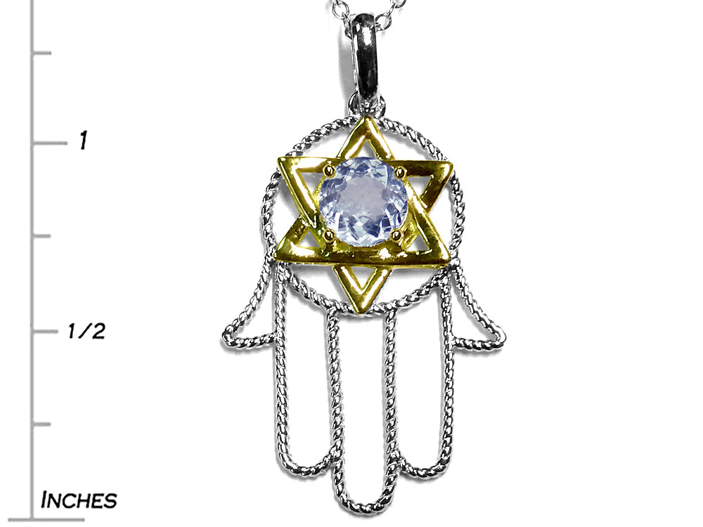 Star K Large Hamsa Hand Jewish Star of David Pendant Necklace with Genuine Aquamarine