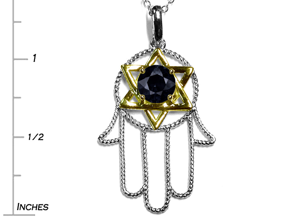 Star K Large Hamsa Hand Jewish Star of David Pendant Necklace with Genuine Black Sapphire
