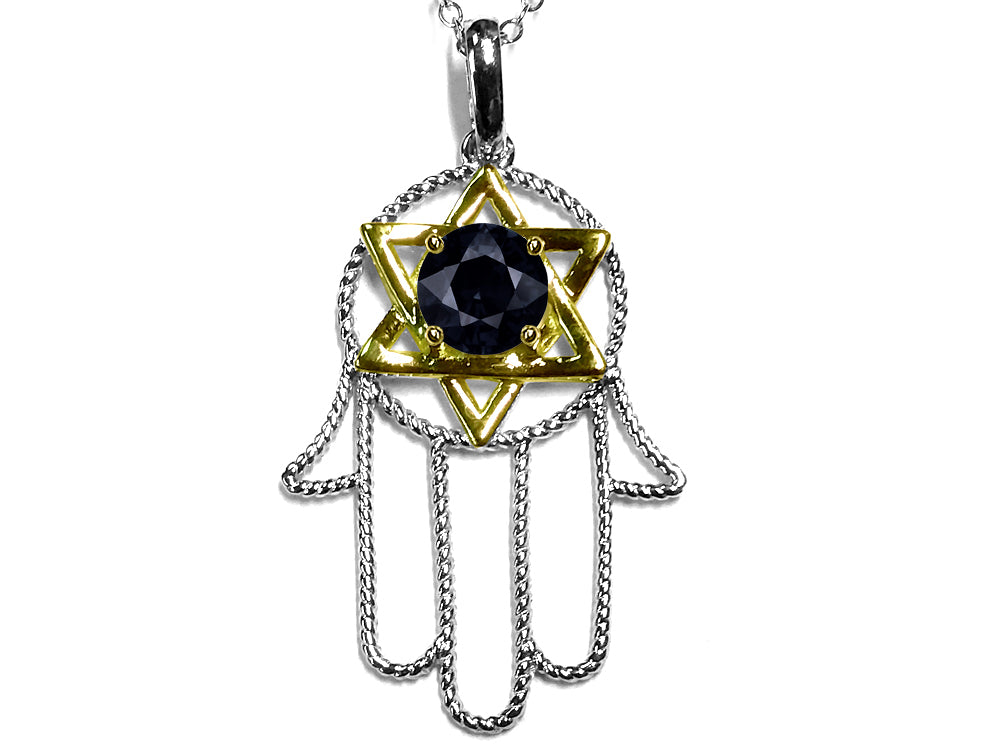 Star K Large Hamsa Hand Jewish Star of David Pendant Necklace with Genuine Black Sapphire