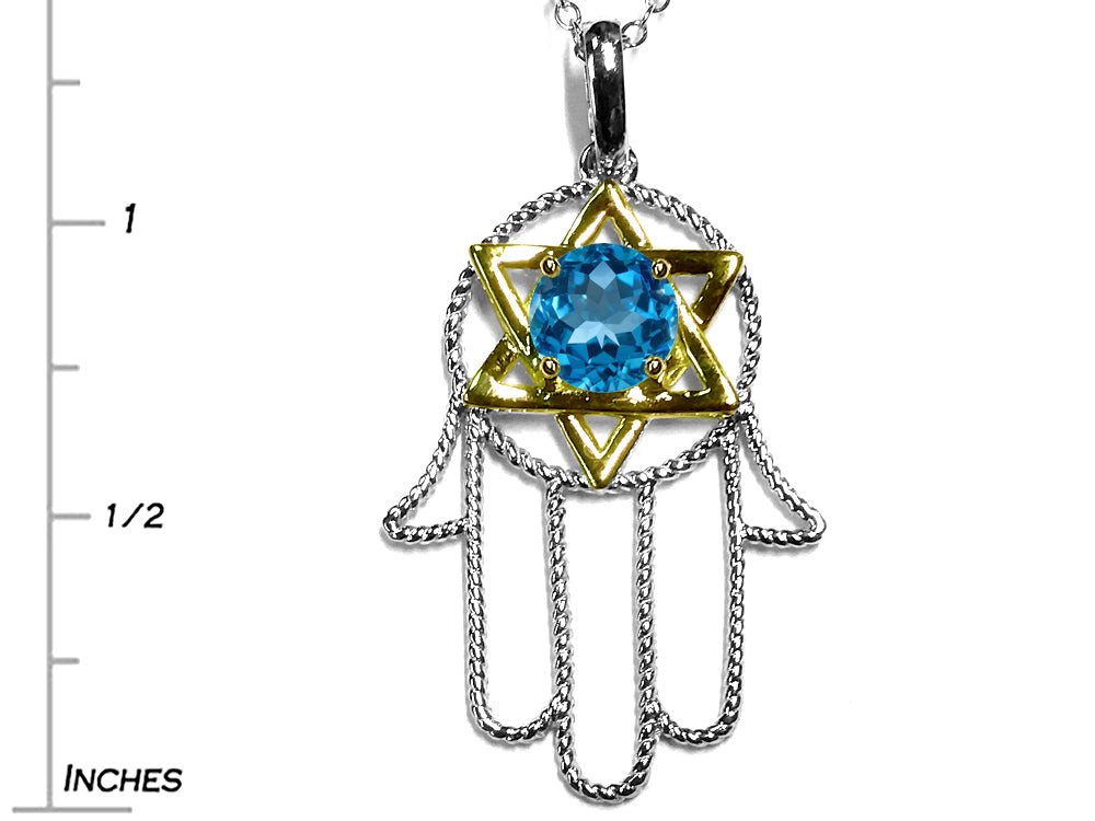 Star K Large Hamsa Hand Jewish Star of David Pendant Necklace with Genuine Blue Topaz