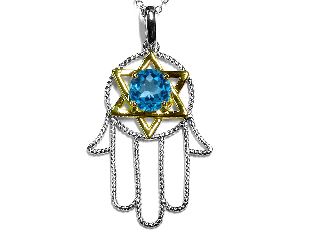 Star K Large Hamsa Hand Jewish Star of David Pendant Necklace with Genuine Blue Topaz