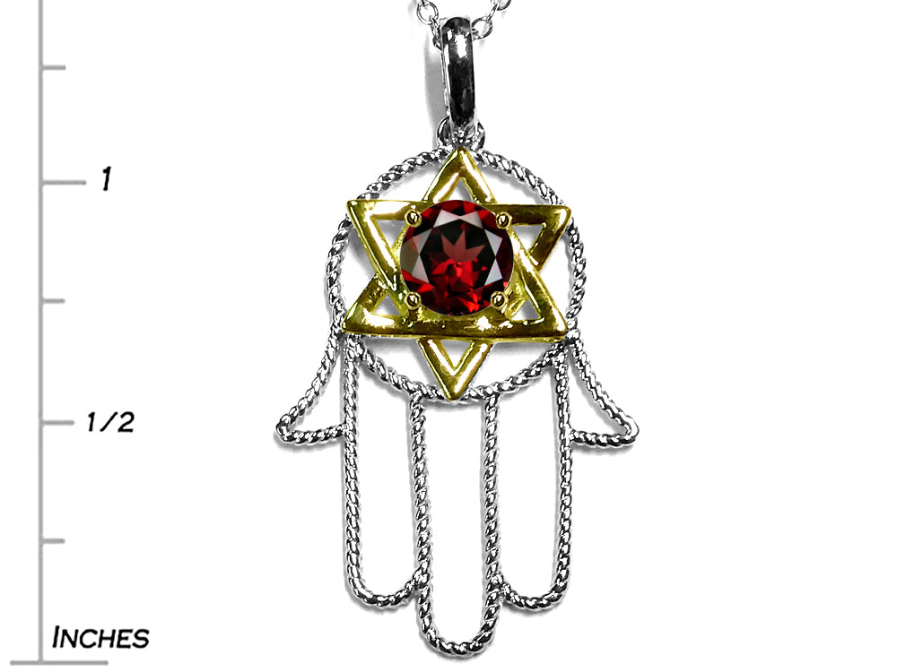 Star K Large Hamsa Hand Jewish Star of David Pendant Necklace with Genuine Garnet