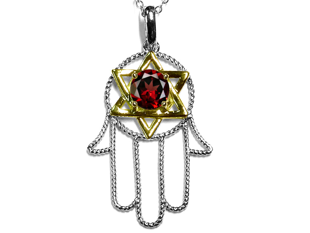 Star K Large Hamsa Hand Jewish Star of David Pendant Necklace with Genuine Garnet