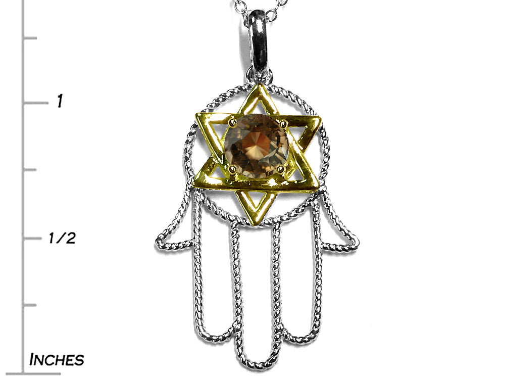 Star K Large Hamsa Hand Jewish Star of David Pendant Necklace with Genuine Smoky Quartz