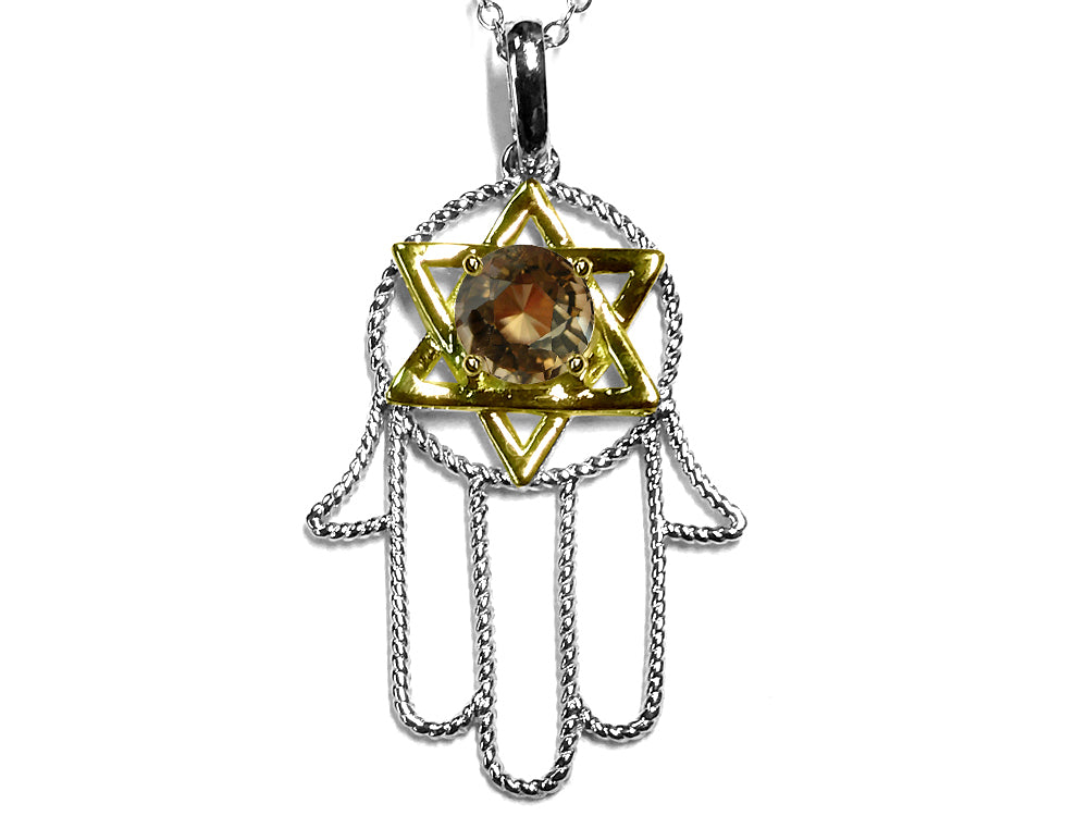 Star K Large Hamsa Hand Jewish Star of David Pendant Necklace with Genuine Smoky Quartz