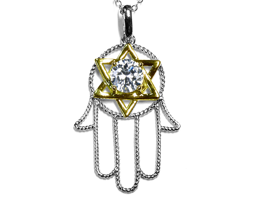 Star K Large Hamsa Hand Jewish Star of David Pendant Necklace with Genuine White Topaz
