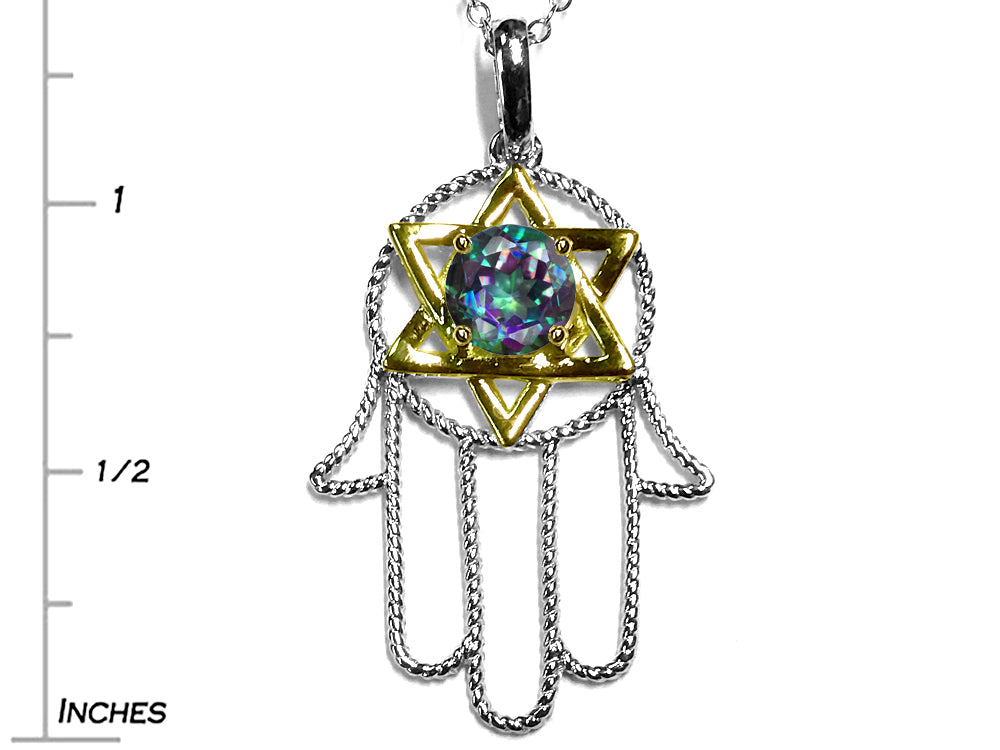 Star K Large Hamsa Hand Jewish Star of David Pendant Necklace with Rainbow Mystic Topaz