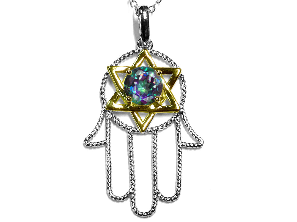 Star K Large Hamsa Hand Jewish Star of David Pendant Necklace with Rainbow Mystic Topaz