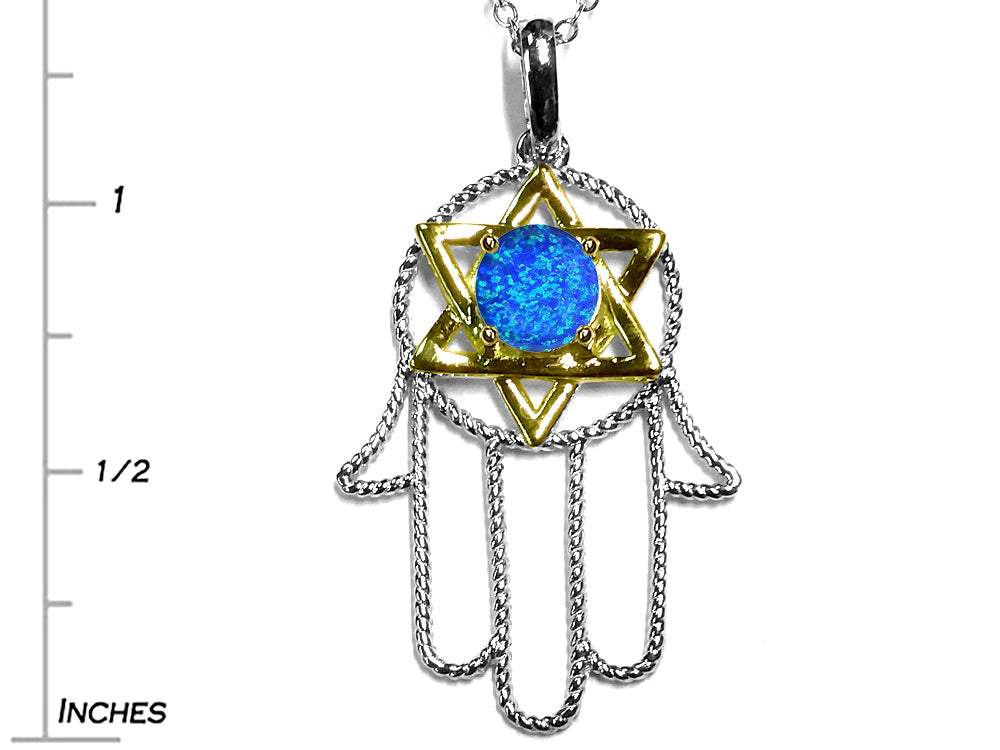 Star K Large Hamsa Hand Jewish Star of David Pendant Necklace with Blue Simulated Opal