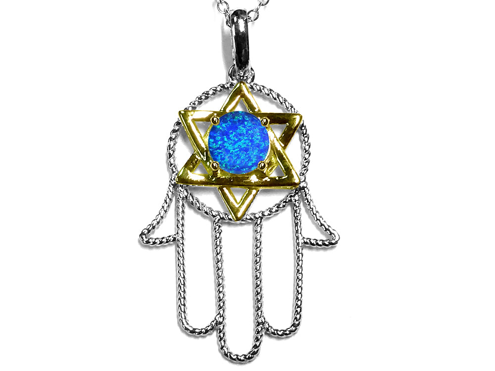 Star K Large Hamsa Hand Jewish Star of David Pendant Necklace with Blue Simulated Opal