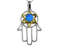 Star K Large Hamsa Hand Jewish Star of David Pendant Necklace with Blue Simulated Opal
