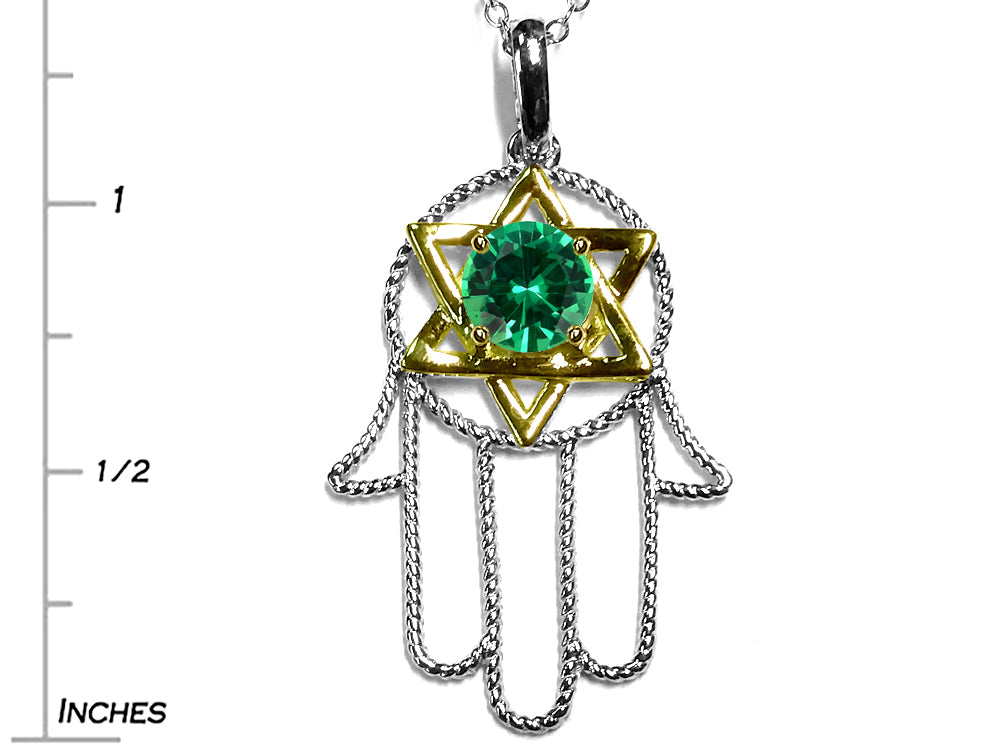 Star K Large Hamsa Hand Jewish Star of David Pendant Necklace with Simulated Emerald