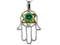 Star K Large Hamsa Hand Jewish Star of David Pendant Necklace with Simulated Emerald