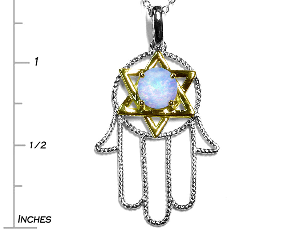 Star K Large Hamsa Hand Jewish Star of David Pendant Necklace with Simulated Opal