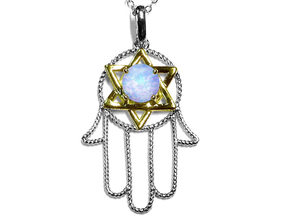 Star K Large Hamsa Hand Jewish Star of David Pendant Necklace with Simulated Opal