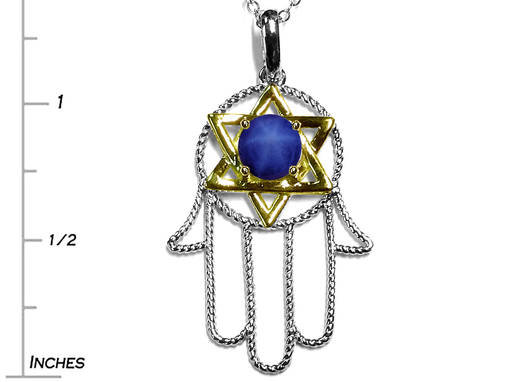 Star K Large Hamsa Hand Jewish Star of David Pendant Necklace with Simulated Star Sapphire