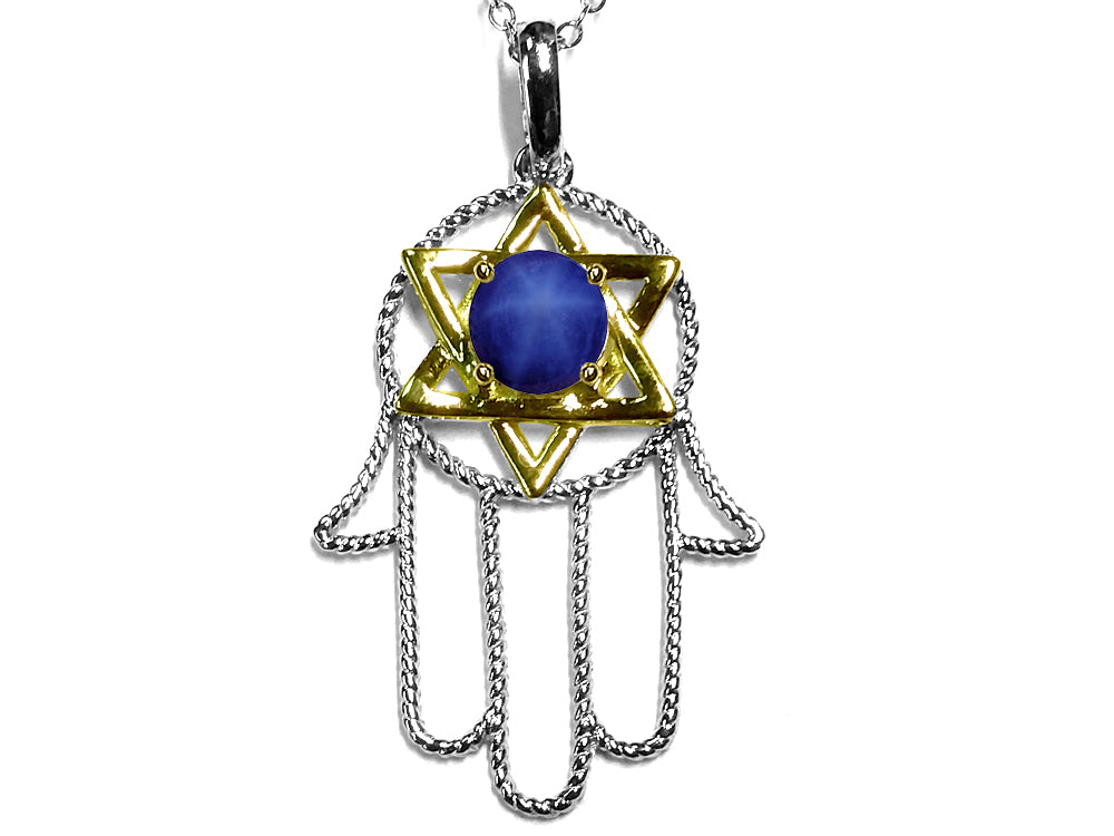 Star K Large Hamsa Hand Jewish Star of David Pendant Necklace with Simulated Star Sapphire