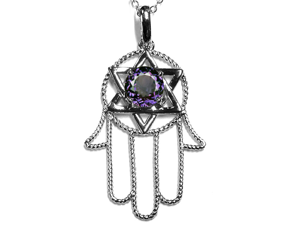 Star K Large Hamsa Hand Jewish Star of David Pendant Necklace with Simulated Alexandrite
