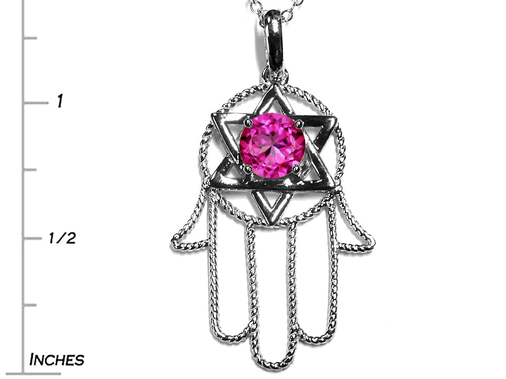Star K Large Hamsa Hand Jewish Star of David Pendant Necklace with Created Pink Sapphire