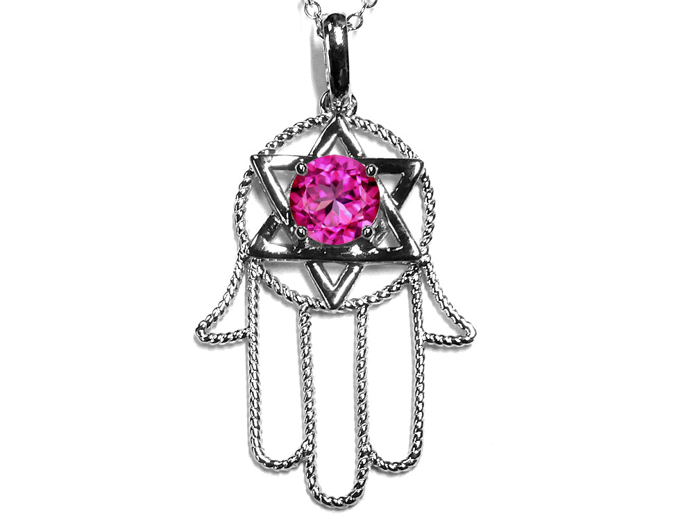 Star K Large Hamsa Hand Jewish Star of David Pendant Necklace with Created Pink Sapphire