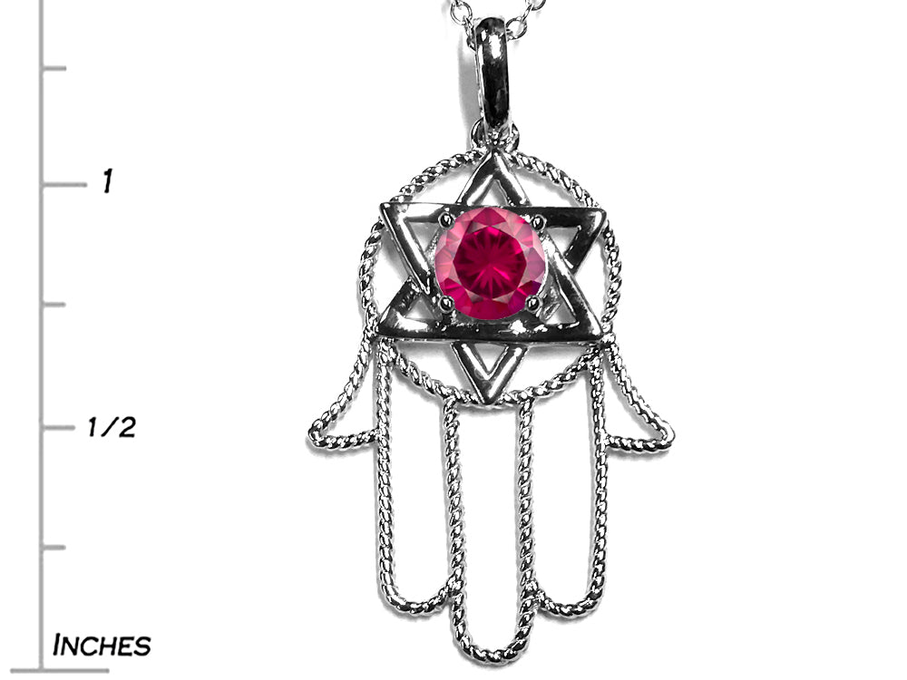 Star K Large Hamsa Hand Jewish Star of David Pendant Necklace with Created Ruby