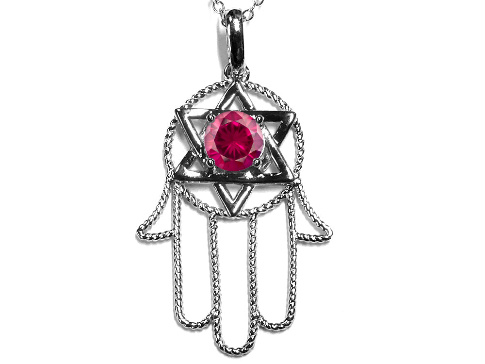 Star K Large Hamsa Hand Jewish Star of David Pendant Necklace with Created Ruby