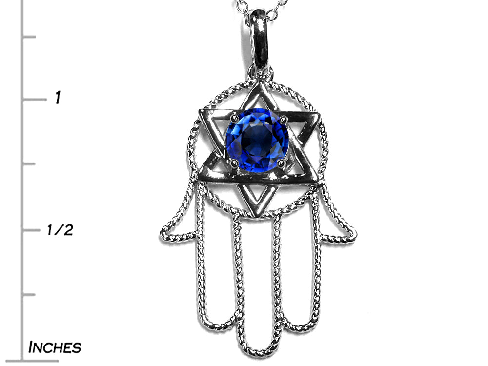 Star K Large Hamsa Hand Jewish Star of David Pendant Necklace with Created Sapphire