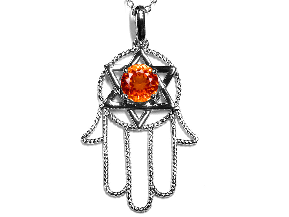 Star K Large Hamsa Hand Jewish Star of David Pendant Necklace with Simulated Mexican Fire Opal