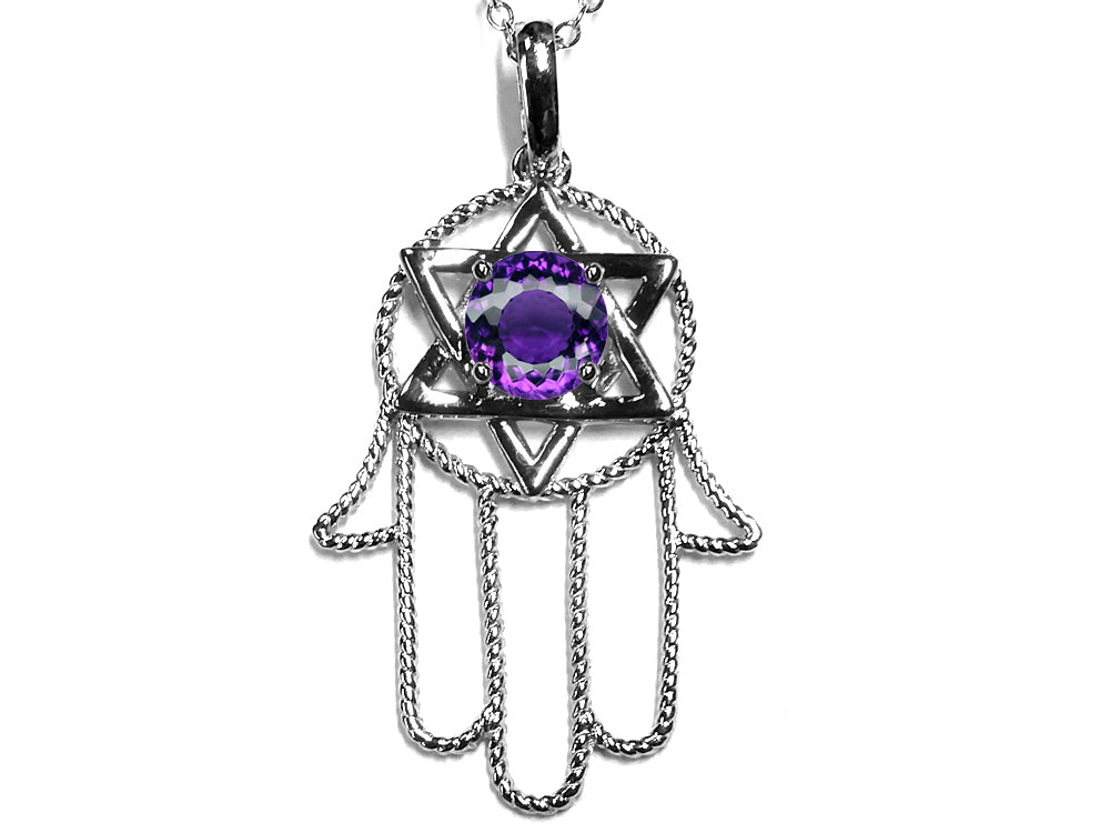 Star K Large Hamsa Hand Jewish Star of David Pendant Necklace with Genuine Amethyst