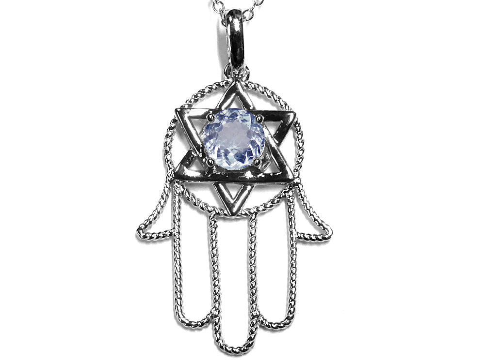 Star K Large Hamsa Hand Jewish Star of David Pendant Necklace with Genuine Aquamarine
