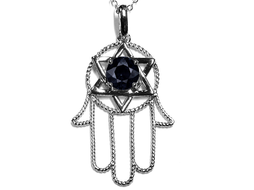 Star K Large Hamsa Hand Jewish Star of David Pendant Necklace Genuine Black Sapphire