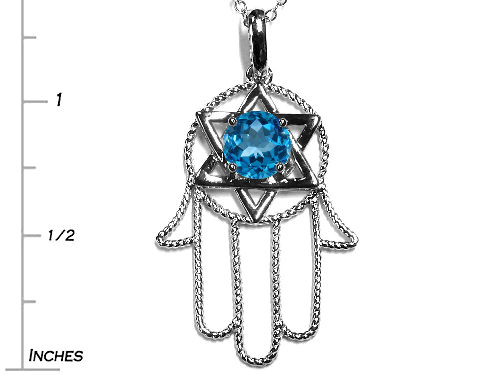 Star K Large Hamsa Hand Jewish Star of David Pendant Necklace with Genuine Blue Topaz