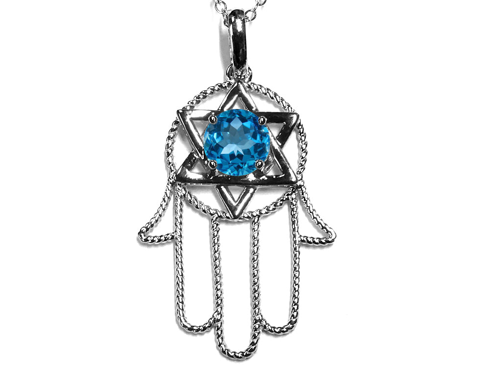 Star K Large Hamsa Hand Jewish Star of David Pendant Necklace with Genuine Blue Topaz