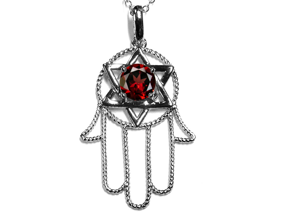 Star K Large Hamsa Hand Jewish Star of David Pendant Necklace with Genuine Garnet
