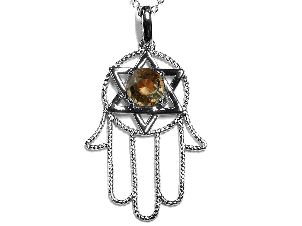 Star K Large Hamsa Hand Jewish Star of David Pendant Necklace with Genuine Smoky Quartz