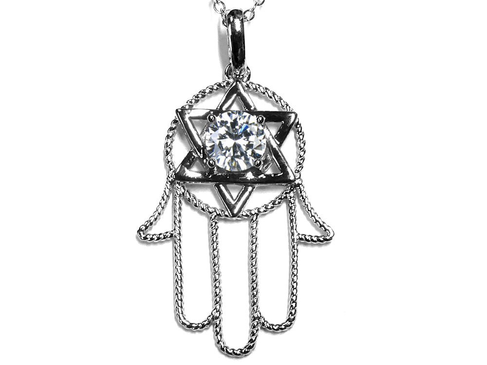 Star K Large Hamsa Hand Jewish Star of David Pendant Necklace with Genuine White Topaz
