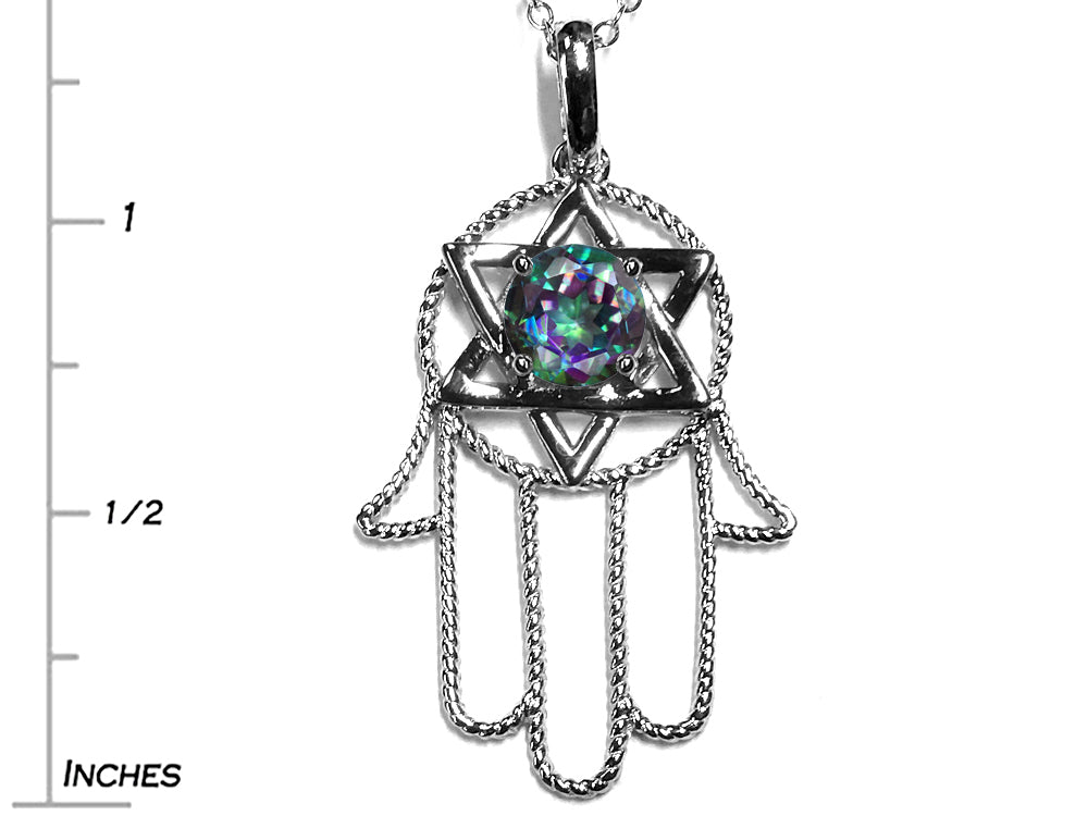 Star K Large Hamsa Hand Jewish Star of David Pendant Necklace with Rainbow Mystic Topaz